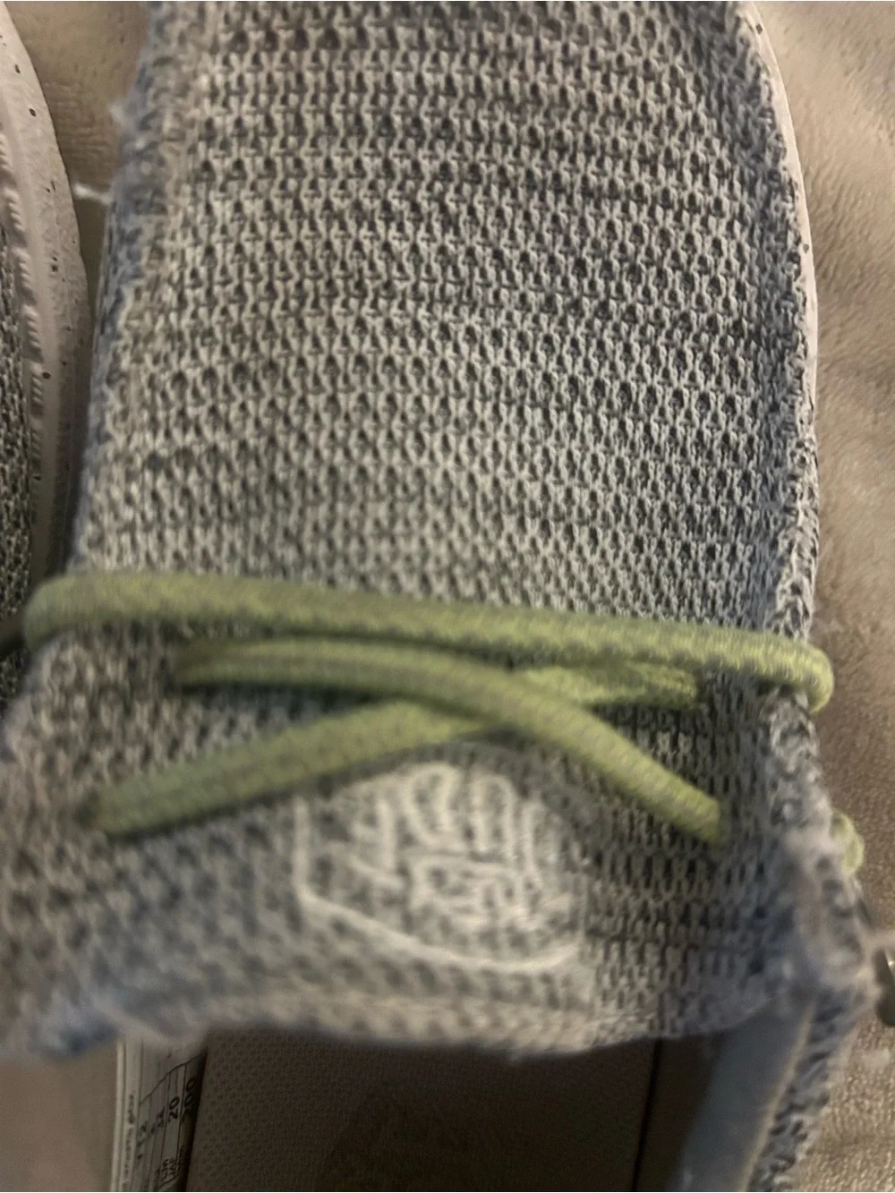 Size 2 Hey Dude Kids Knit Slip-On Sneakers in Light Gray with Green Laces